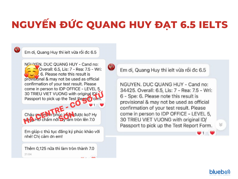 Kết quả Nguyễn Đức Quang Huy xuất sắc đạt 6.5 IELTS