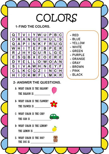 Bài 6: Look, search and circle. Then answer the questions Các bài tập về màu sắc tiếng Anh cho trẻ em Bài 6: Look, search and circle. Then answer the questions