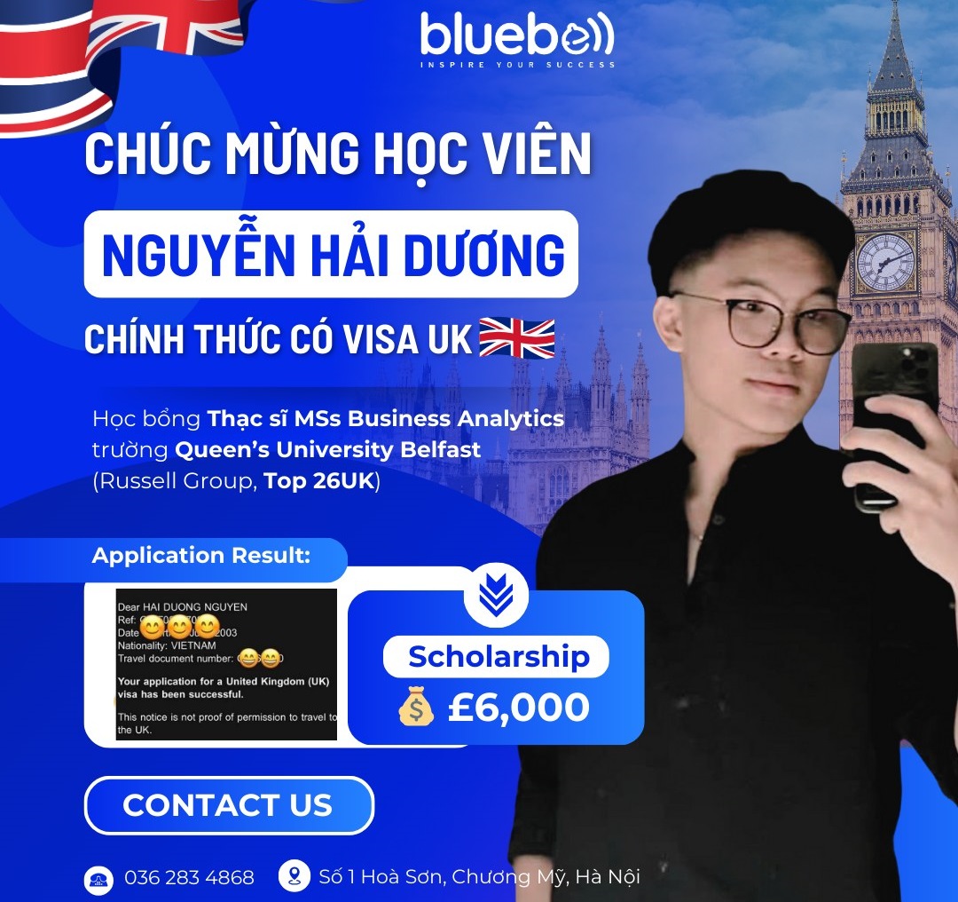 Chúc mừng Nguyễn Hải Dương nhận visa UK & HB £6,000 TẠI QUEEN’S UNIVERSITY BELFAST
